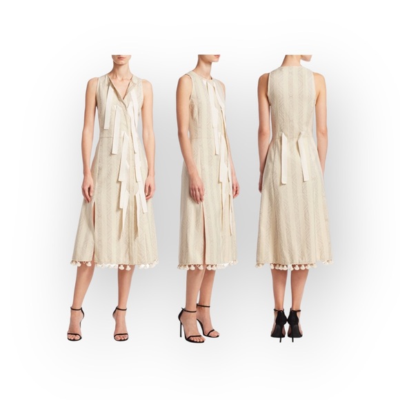 Luxe: new Altuzarra ꕥ Blanche Grosgrain Tie Pom Pom Dress ꕥ Parchment Stripe ꕥ - Picture 1 of 16